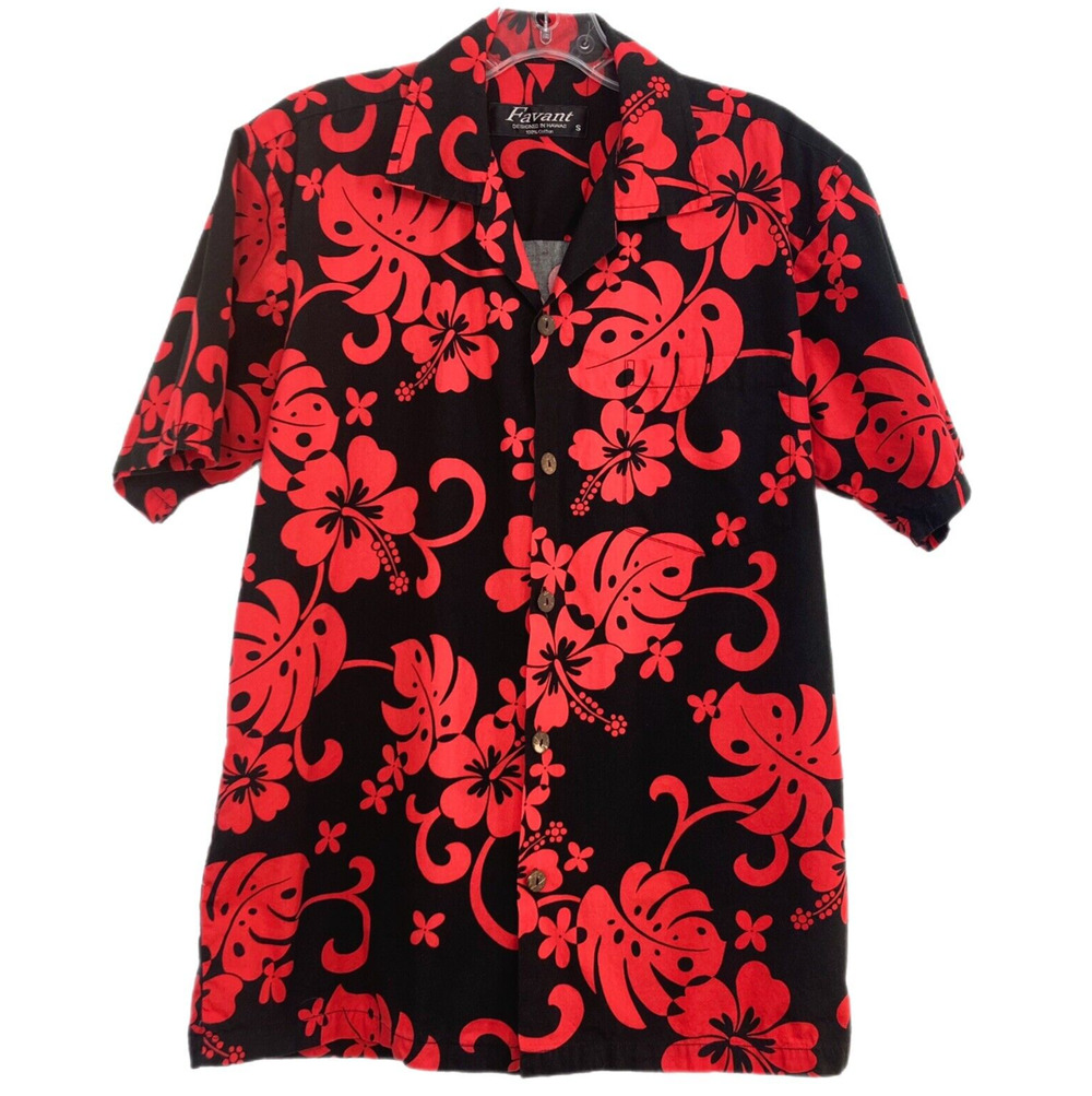 Hawaiian Camp Shirt Black Red Hibiscus Print Cotton Men S Resort